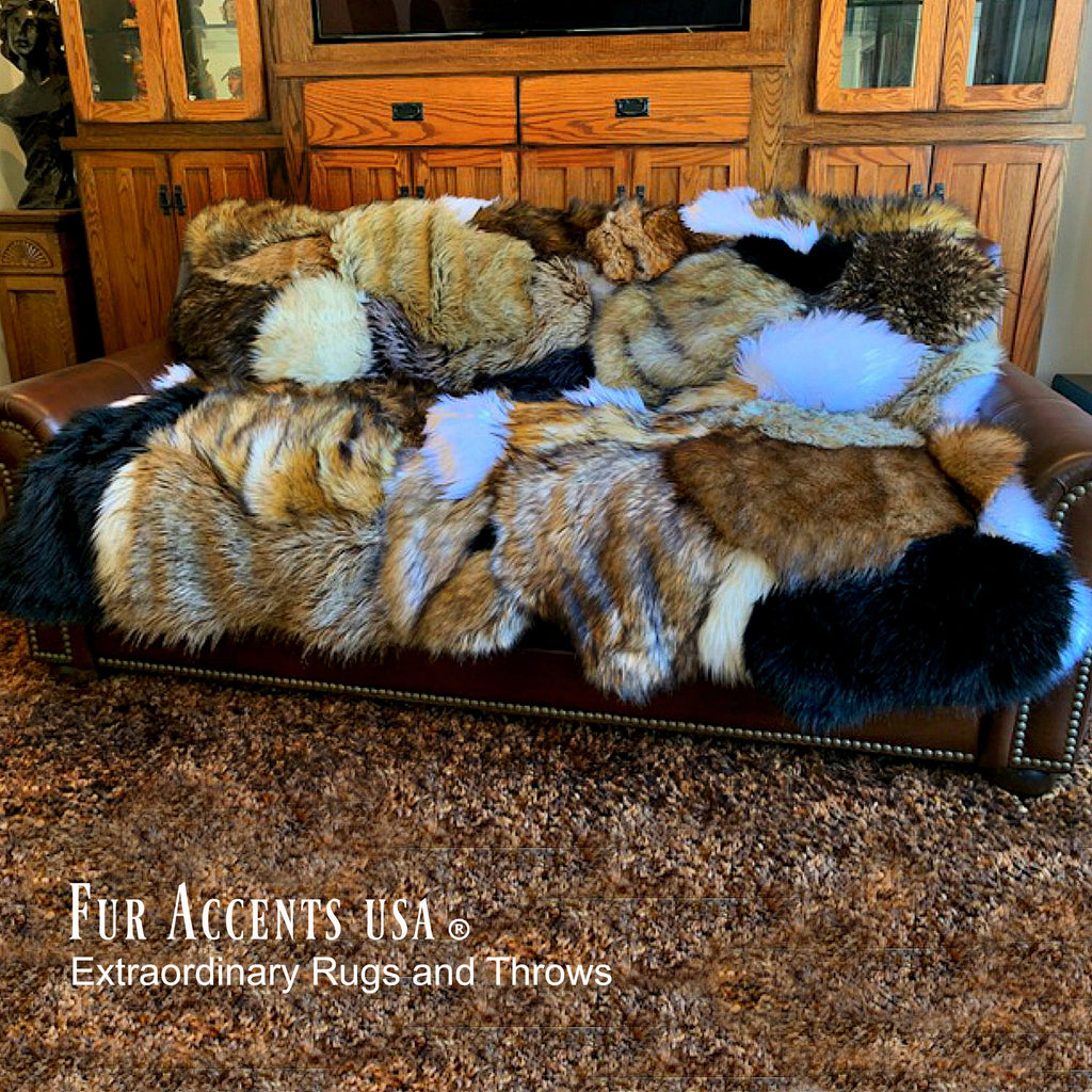 Plush Faux Fur Bedspread or Duvet - Mixed Animal Pelt Patchwork - Shag - Premium Quality - USA - Minky Fur Lining - All Sizes