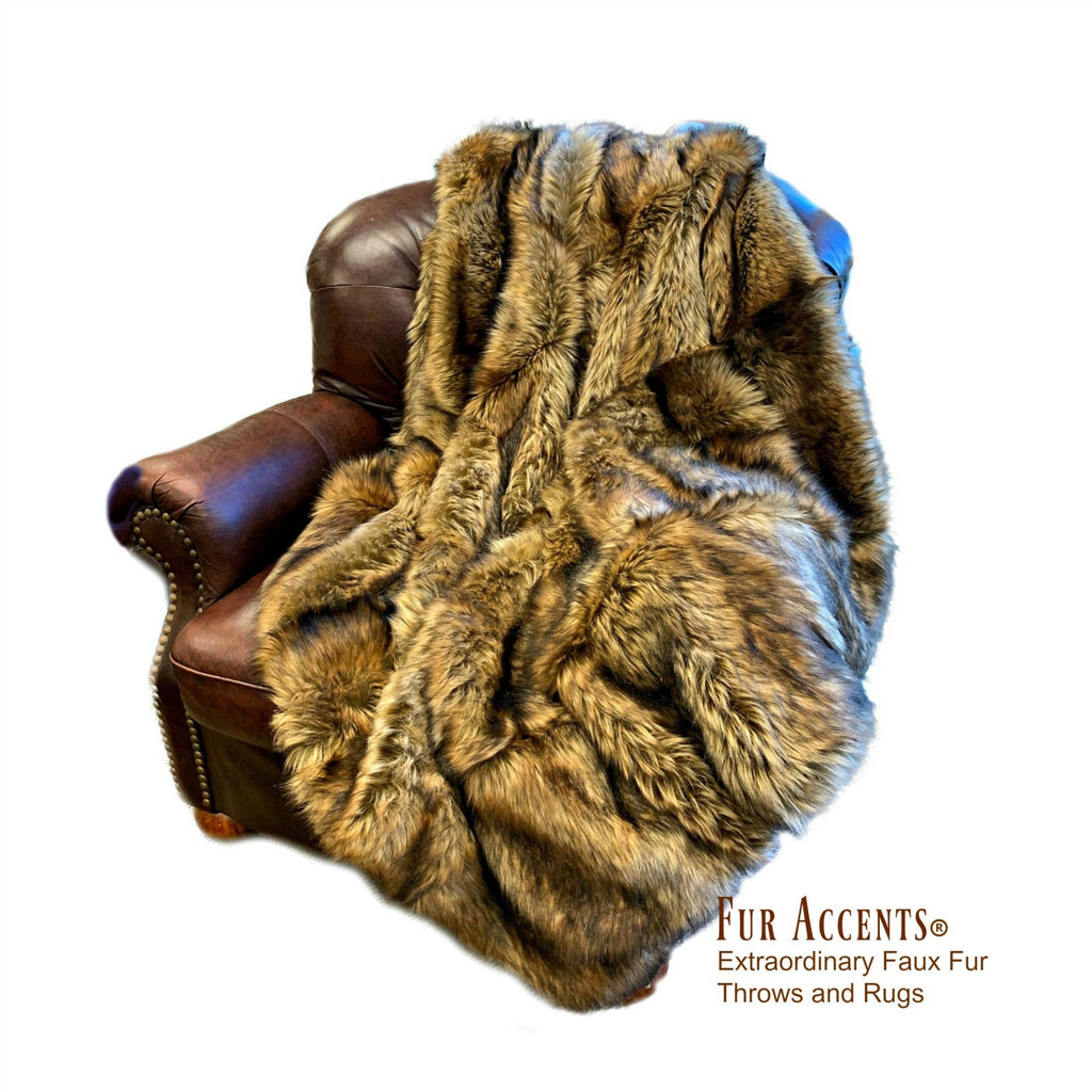 Plush Faux Fur Throw Blanket - Bedspread - Luxury Pieced Fur Golden Brown or Stripe Wolf Fur Minky Cuddle Fur Lining - Fur Accents - USA