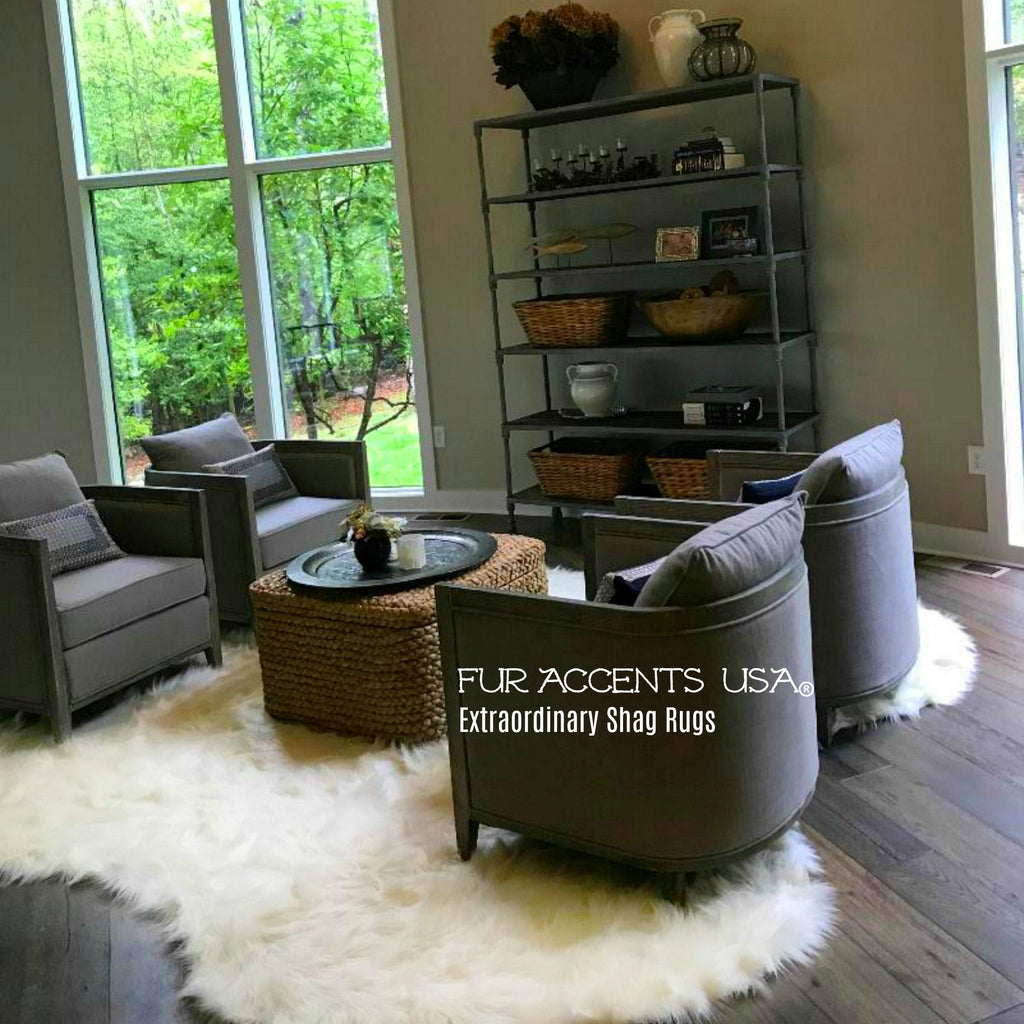 Extraordinary White Shag Rug - Faux Fur Area Rug - Shaggy Thick Shag Carpet - Curved Edge Sheepskin Rug - All Sizes - Hand Made in the USA