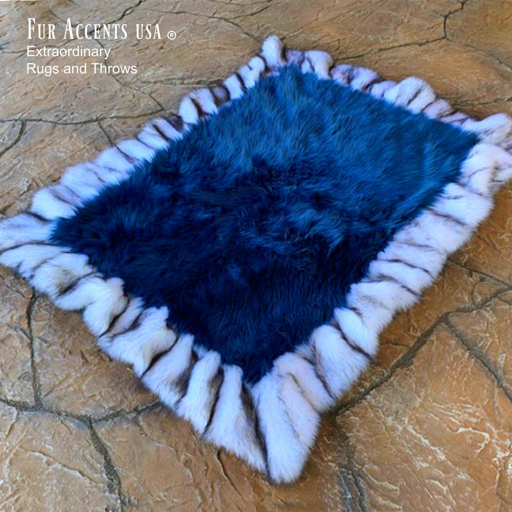 Plush Faux Fur Throw Blanket - Area Rug - Bed Spread - Cobalt Blue Shag - Exotic Gray Wolf Border Trim - Faux Fur Lining - Hand Made to Order in America byFur Accents - USA
