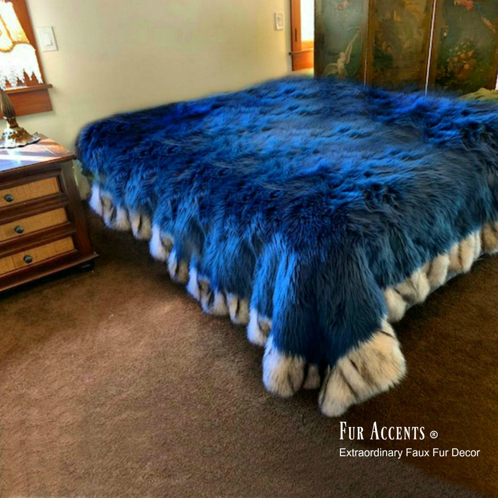 Plush Faux Fur Throw Blanket - Area Rug - Bed Spread - Cobalt Blue Shag - Exotic Gray Wolf Border Trim - Faux Fur Lining - Hand Made to Order in America byFur Accents - USA