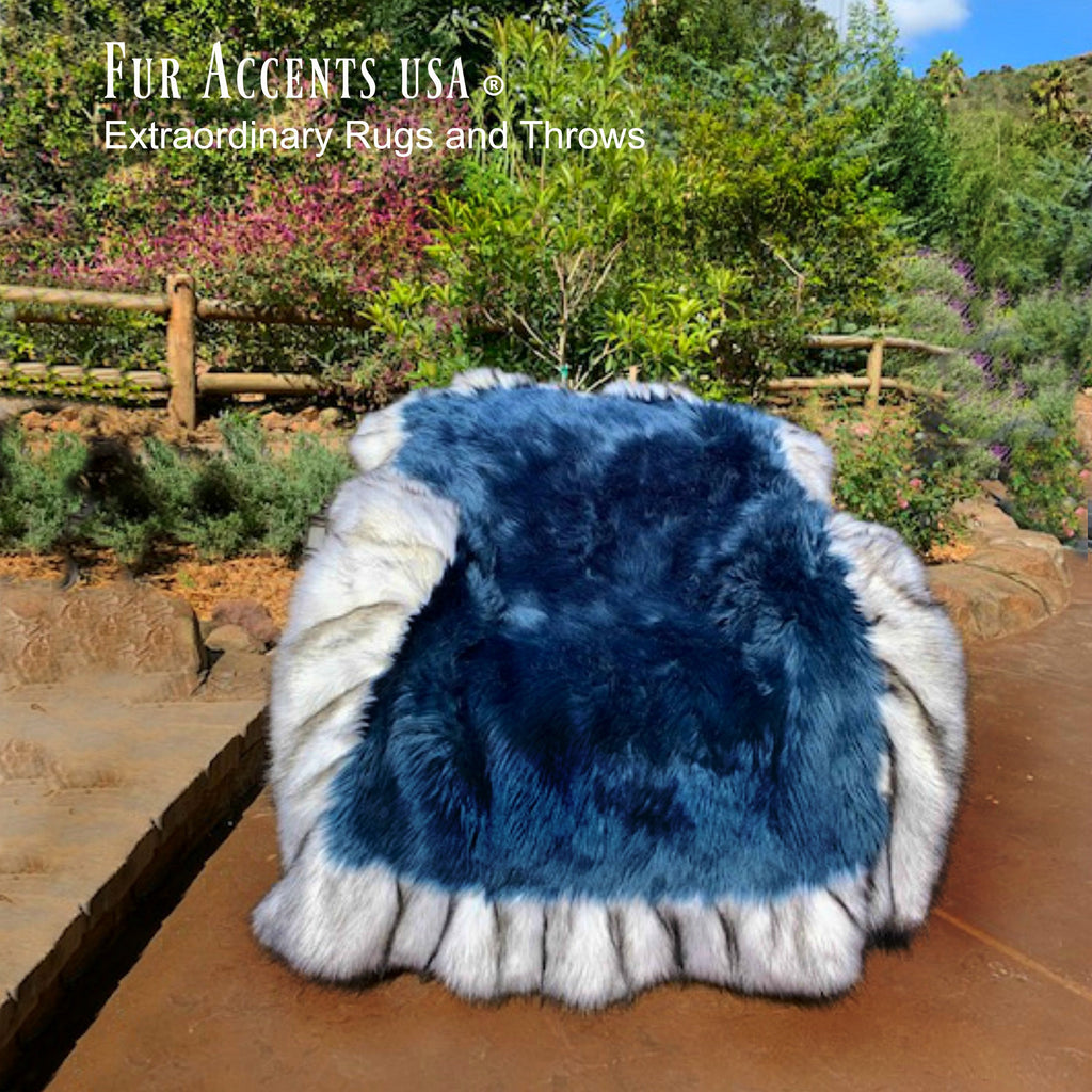 Plush Faux Fur Throw Blanket - Area Rug - Bed Spread - Cobalt Blue Shag - Exotic Gray Wolf Border Trim - Faux Fur Lining - Hand Made to Order in America byFur Accents - USA