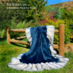 Faux Fur Throw Blanket - Area Rug - Bed Spread - Cobalt Blue Shag - Exotic Gray Wolf Border Trim - Lining - Hand Made in America by Fur Accents - USA