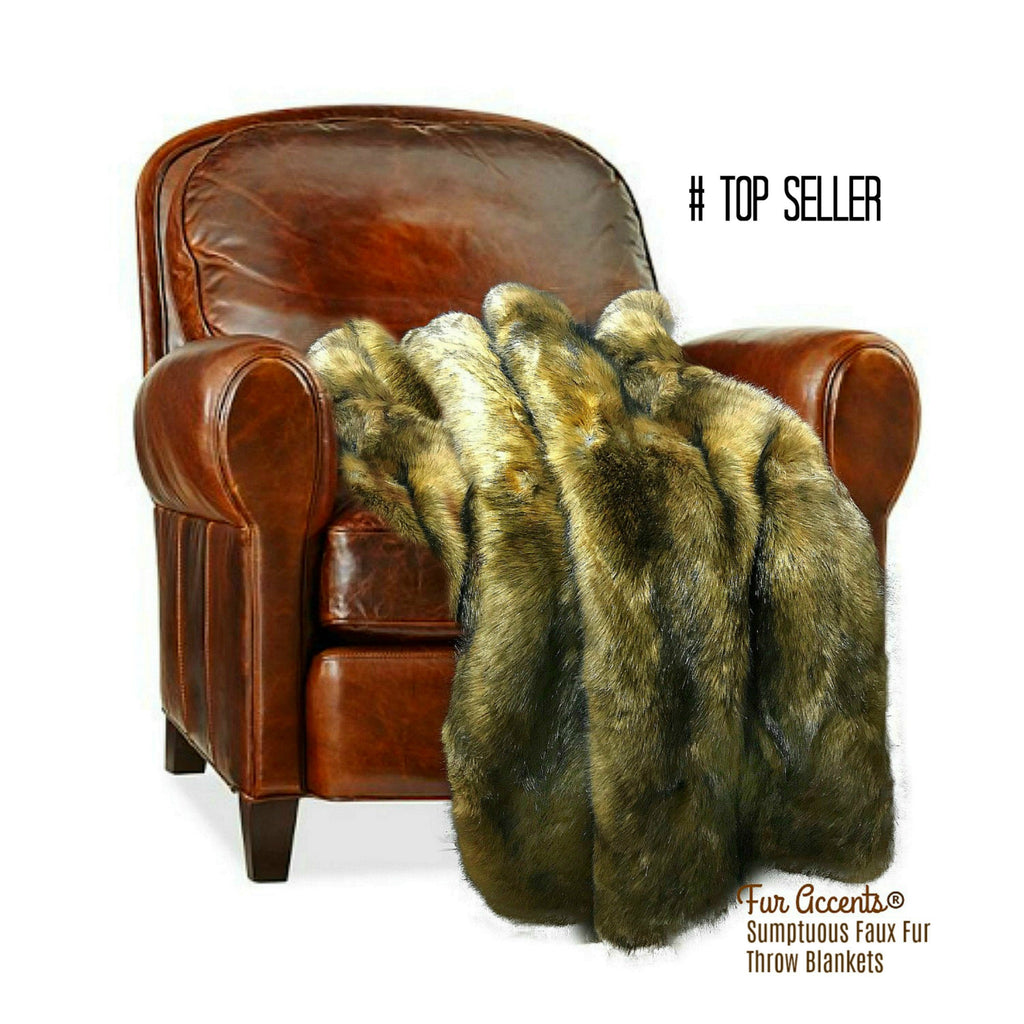 Plush  Faux Fur Throw Blanket, Gold and Gray Wolf Fur Shag - Luxury Fur - Minky Snuggle, Cuddle Fur Lining Fur Accents USA