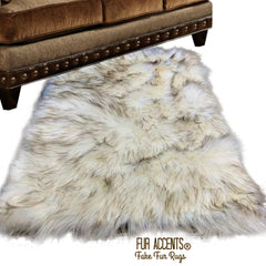 Plush Faux Fur Throw Area Rug - White Shag Sheepskin with Brown Tips - Arctic Wolf  - Ultra-Suede Lining - Fur Accents - USA