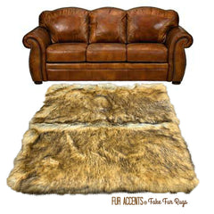 Plush Faux Fur Area Rug - Pieced Fur Throw - Suede Lining - Golden Wolf - Coyote - Fake Fur Accent Rug - Thick - Soft - Fur Accents - USA