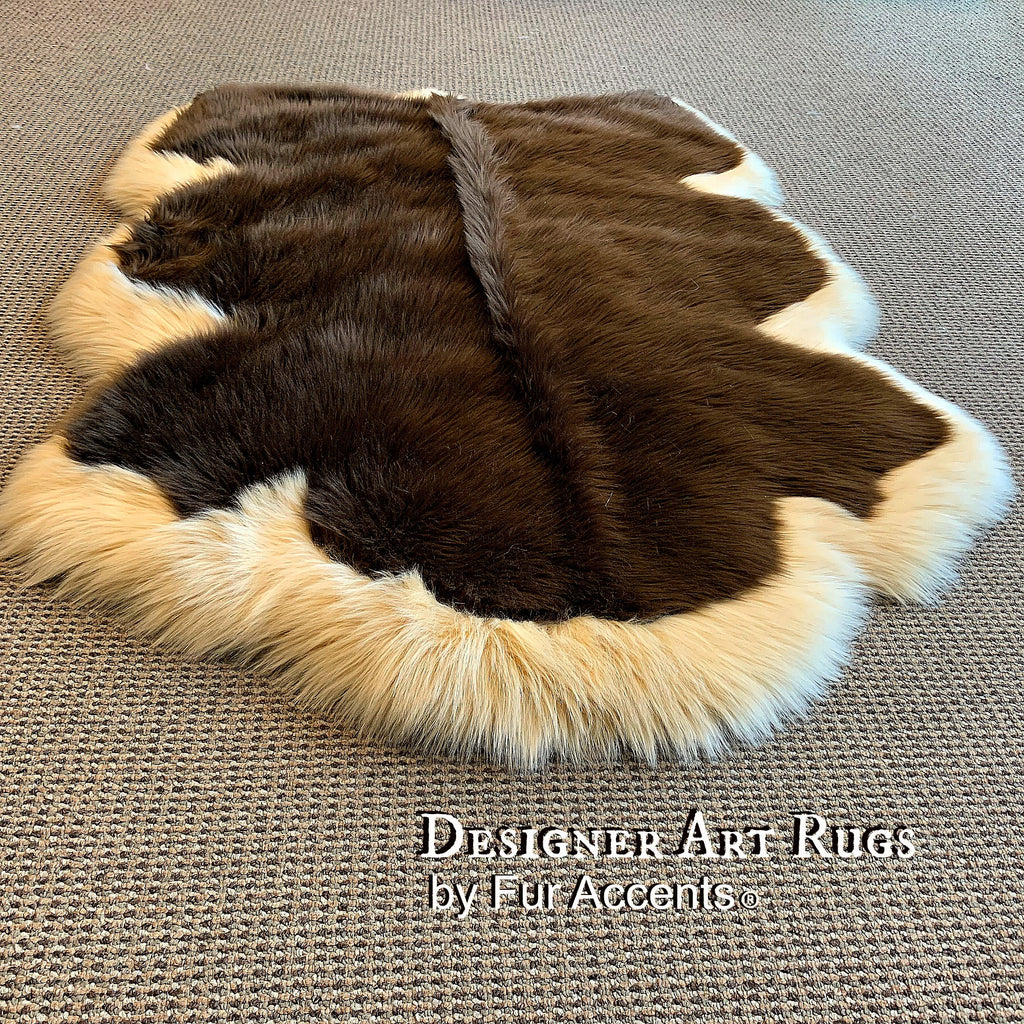 Plush Faux Fur Art Rug - Luxury Fur - Thick Shaggy Brown Bear Pelt  - Tan Border - Bear Skin Rug - Sheepskin - Fur Accents USA