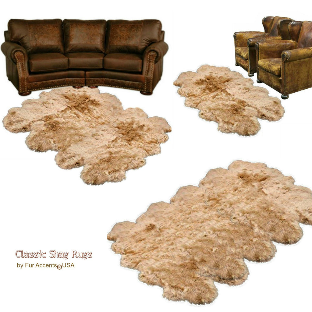 Plush Faux Fur Area Rug - Shaggy Sheepskin - Natural Pelt Shape - Beige - Designer Art Rug by Fur Accents USA