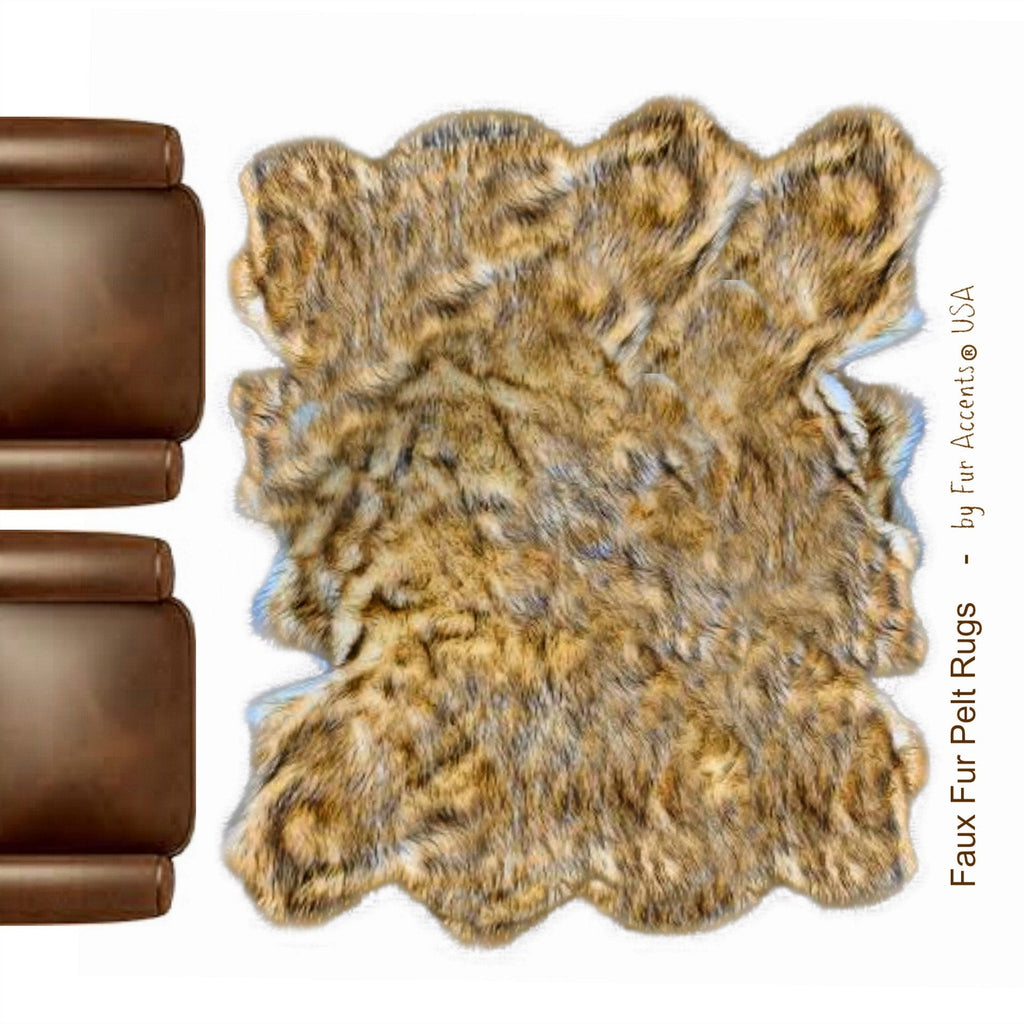 Hand Crafted Shag Area Rug - Country Edge - Plush Golden Brown Grizzly Bear Faux Fur - Natural Looking Pelt Rug - Hand Made in America by Fur Accents USA
