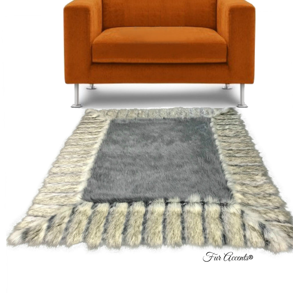 Faux Fur Throw Area Rug - Shag Rug with Beautiful Ribbed Fox Fur Border - Brown or Gray - Ultra Suede Lining - Exclusive by Fur Accents USA