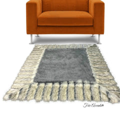 Faux Fur Throw Area Rug - Shag Rug with Beautiful Ribbed Fox Fur Border - Brown or Gray - Ultra Suede Lining - Exclusive by Fur Accents USA