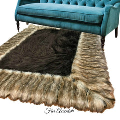 Faux Fur Throw Area Rug - Shag Rug with Beautiful Ribbed Fox Fur Border - Brown or Gray - Ultra Suede Lining - Exclusive by Fur Accents USA