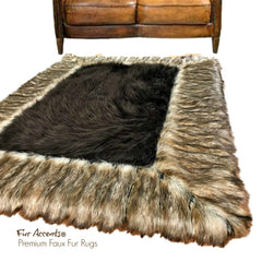 Faux Fur Throw Area Rug - Shag Rug with Beautiful Ribbed Fox Fur Border - Brown or Gray - Ultra Suede Lining - Exclusive by Fur Accents USA