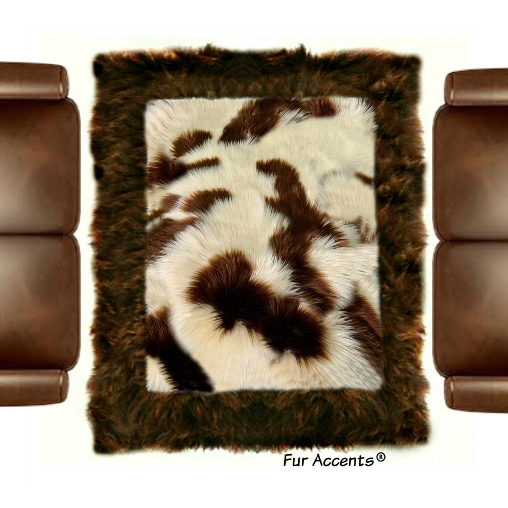 Plush Faux Fur Area Rug - Shag Carpet With Contrast Border - Faux Icelandic Sheepskin - Brown Spotted Sheep with Border by Fur Accents USA