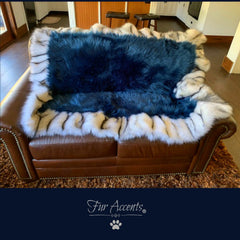 Faux Fur Throw Blanket - Area Rug - Bed Spread - Cobalt Blue Shag - Exotic Gray Wolf Border Trim - Lining - Hand Made in America by Fur Accents - USA