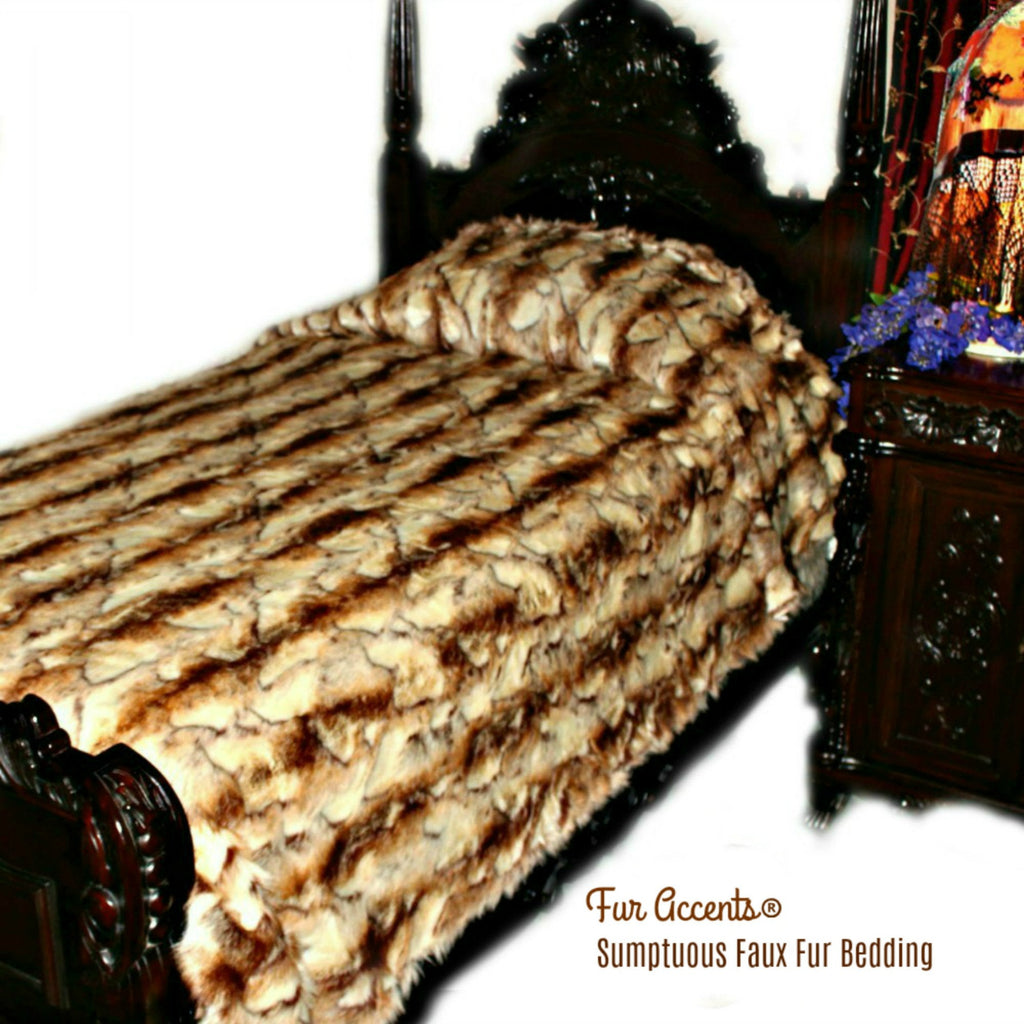 Plush Faux Fur Throw Blanket, Brown Rabbit, Luxury Fur Bedspread, Minky Cuddle Fur Lining, Expertly Made by Fur Accents, USA