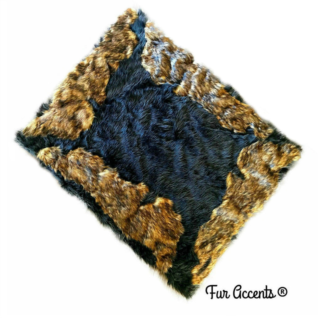 Plush Faux Fur Western Style Area Rug - Black or Brown Shag Bear Rug with Brown Wolf Trim - Rectangle Shape Framed with Our Best Animal Faux Fur - Hand Sewn in America - Micro Suede Lining - Fur Accents - USA