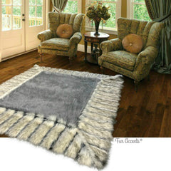 Faux Fur Throw Area Rug - Shag Rug with Beautiful Ribbed Fox Fur Border - Brown or Gray - Ultra Suede Lining - Exclusive by Fur Accents USA