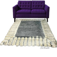 Faux Fur Throw Area Rug - Shag Rug with Beautiful Ribbed Fox Fur Border - Brown or Gray - Ultra Suede Lining - Exclusive by Fur Accents USA