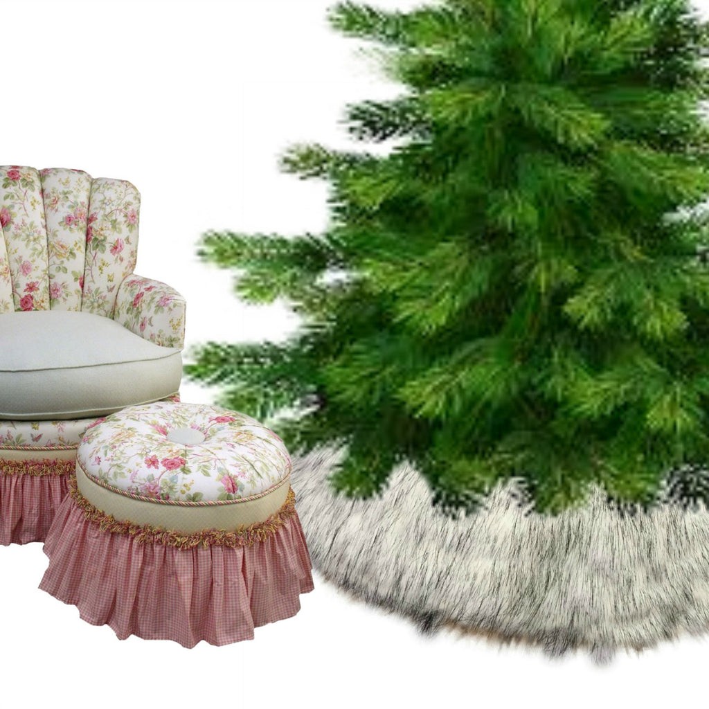 Classic Faux Fur Christmas Tree Skirt - Shaggy Shag Faux  Wolf -  Round  - Black Tip Arctic Wolf - Huskie - by Fur Accents - USA