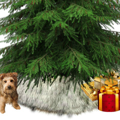 Classic Faux Fur Christmas Tree Skirt - Shaggy Shag Faux  Wolf -  Round  - Black Tip Arctic Wolf - Huskie - by Fur Accents - USA