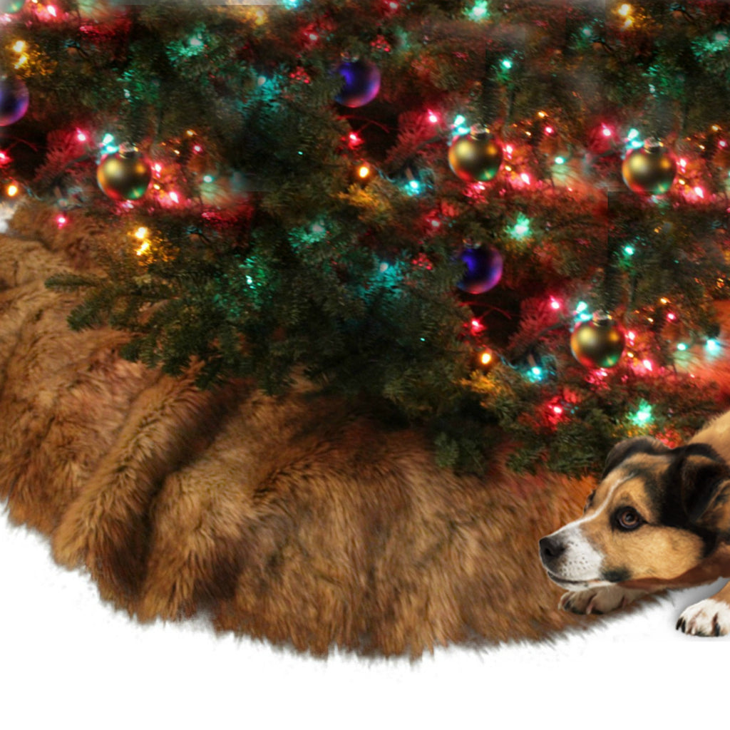 Classic Faux Fur Christmas Tree Skirt - Shaggy Shag Faux  Wolf -  Round  - Light Brown Tones by Fur Accents - USA