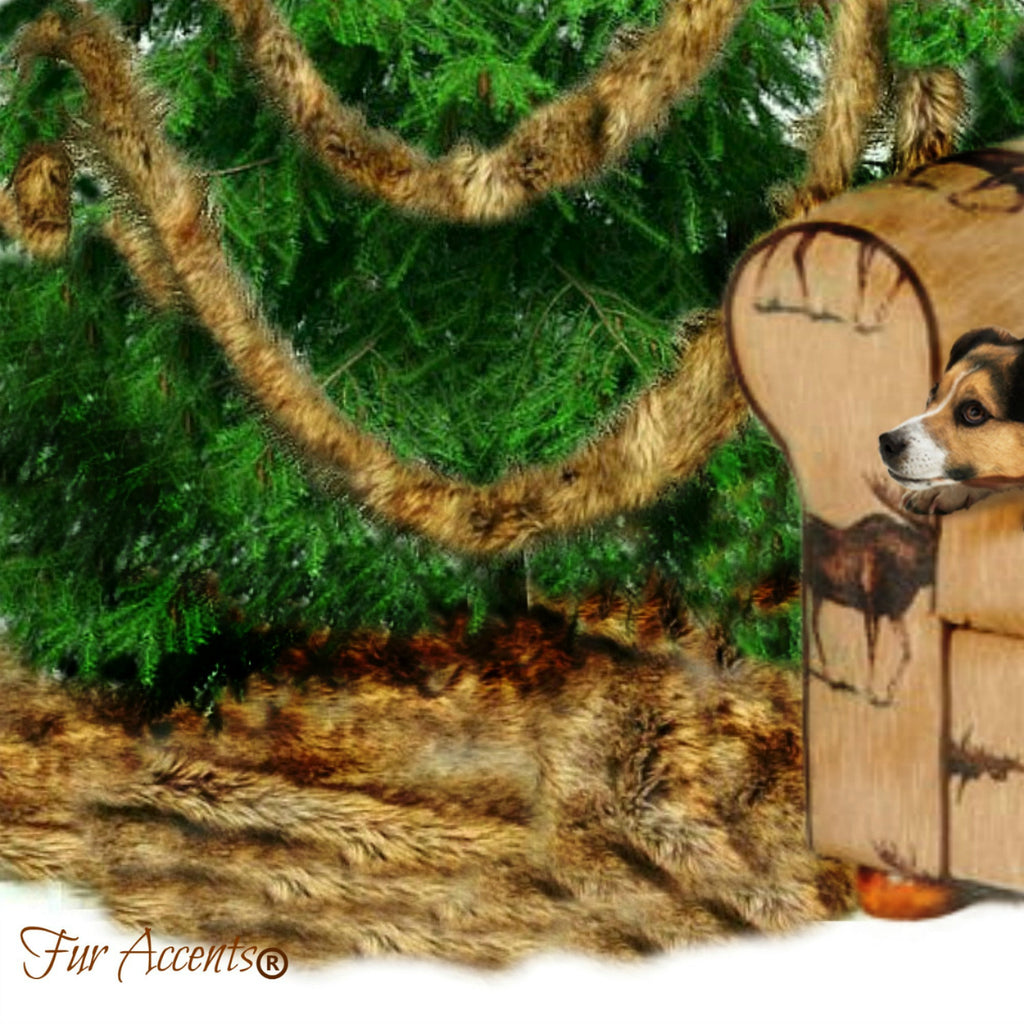 Classic Faux Fur Christmas Tree Skirt - Shaggy Shag Faux  Wolf -  Round  - Light Brown Tones by Fur Accents - USA