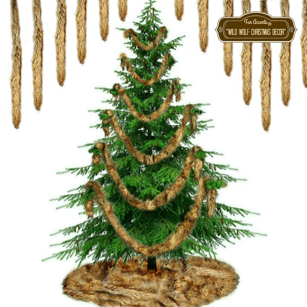 Classic Faux Fur Christmas Tree Skirt - Shaggy Shag Faux  Wolf -  Round  - Light Brown Tones by Fur Accents - USA