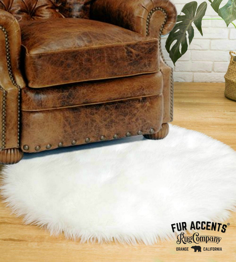 Plush Faux Fur Round Area Rug - White - Ivory Off White - Shag - Sheepskin - Designer Throw Rug - 100% Animal Friendly by Fur Accents - USA