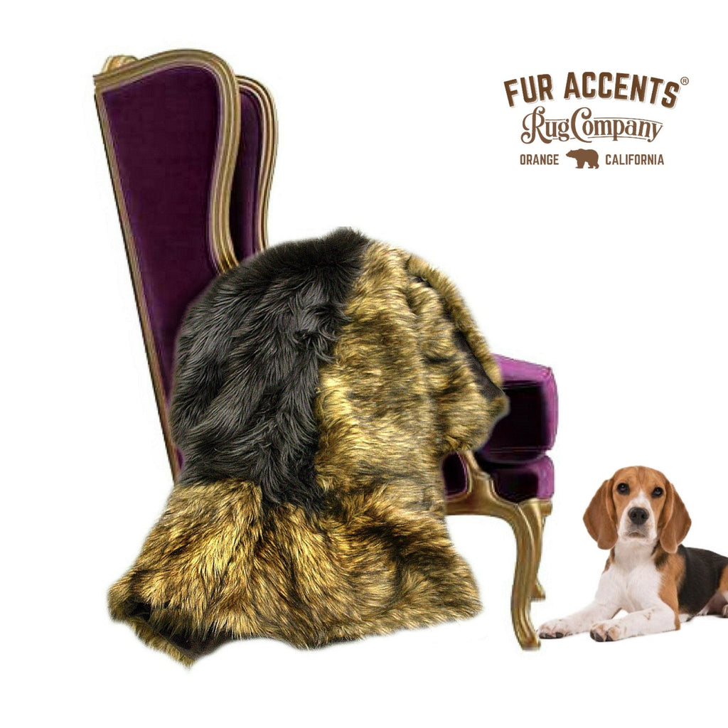 Plush Faux Fur Bedspread - Brown Golden Wolf - Coyote Border - Log Cabin Designer Throw Blanket or Wild Wolf Bedspread by Fur Accents USA