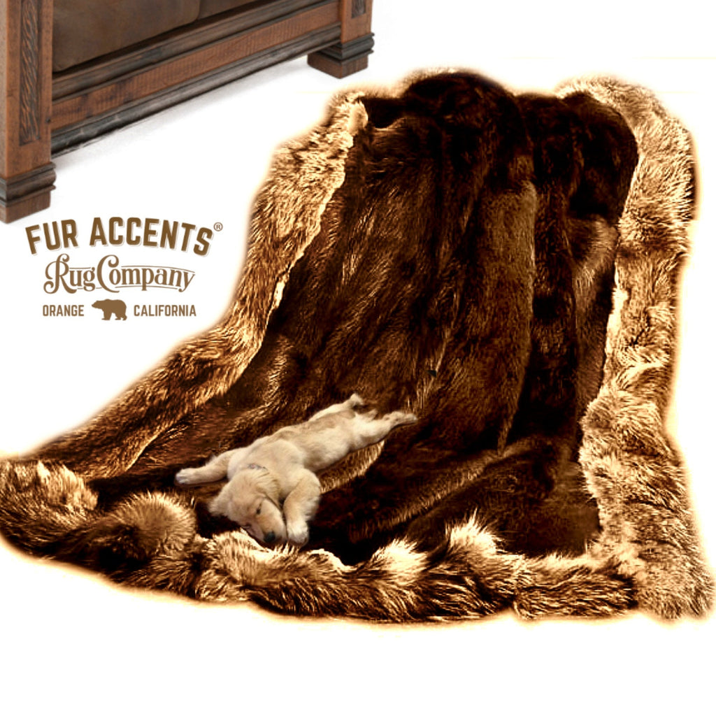 Plush Faux Fur Bedspread - Brown Golden Wolf - Coyote Border - Log Cabin Designer Throw Blanket or Wild Wolf Bedspread by Fur Accents USA