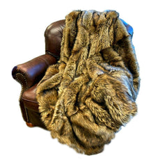 Plush  Faux Fur Throw Blanket, Soft Brown Coyote Bedspread - Luxury Fur - Minky Cuddle Fur Lining Fur Accents USA