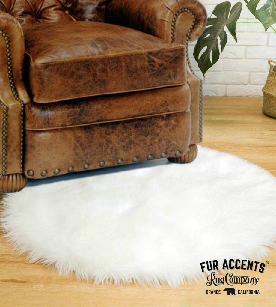 Plush Faux Fur Area Rug - Round Shaggy Shag -  Sheepskin - Round Shape Designer Throw - 6 Colors -Art Rug by Fur Accents - USA