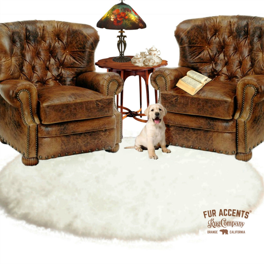 Plush Faux Fur Round Area Rug - White - Ivory White - Bonded Shag - Sheepskin - Designer Throw Rug - 100% Animal Friendly  Fur Accents - USA