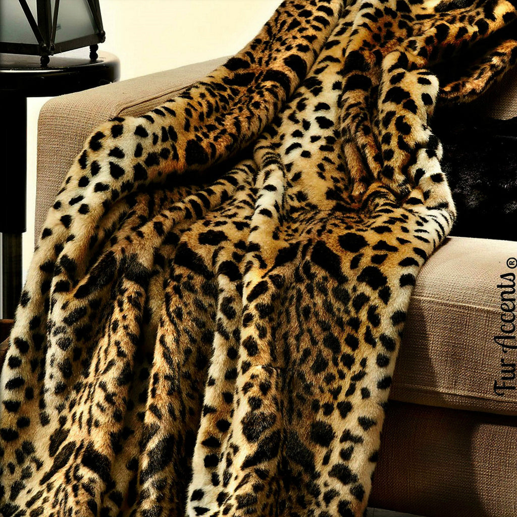 Faux Fur Throw Blanket - Bedspread - Plush Luxury Fur - Medium Brown Spotted Leopard - Minky Cuddle Fur Lining - Fur Accents - USA
