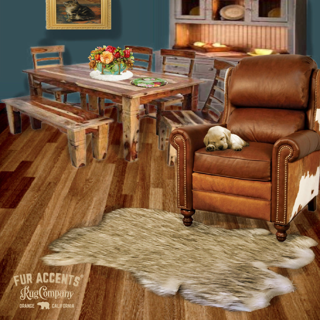 Extraordinary Plush Faux Fur Pelt Rug, Shaggy Black or Brown Tip Sheepskin, Rabbit Pelt Design, Designer Art Rug Handmade by Fur Accents USA