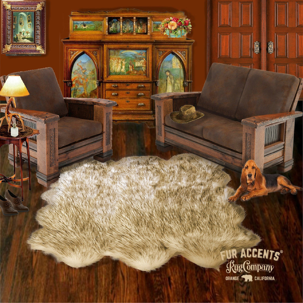 Plush Faux Fur Area Rug, Shaggy Sheepskin, Black or Brown Sexto Six Pelt Design Shape, Pick Your Color, Designer Art Rug by Fur Accents USA