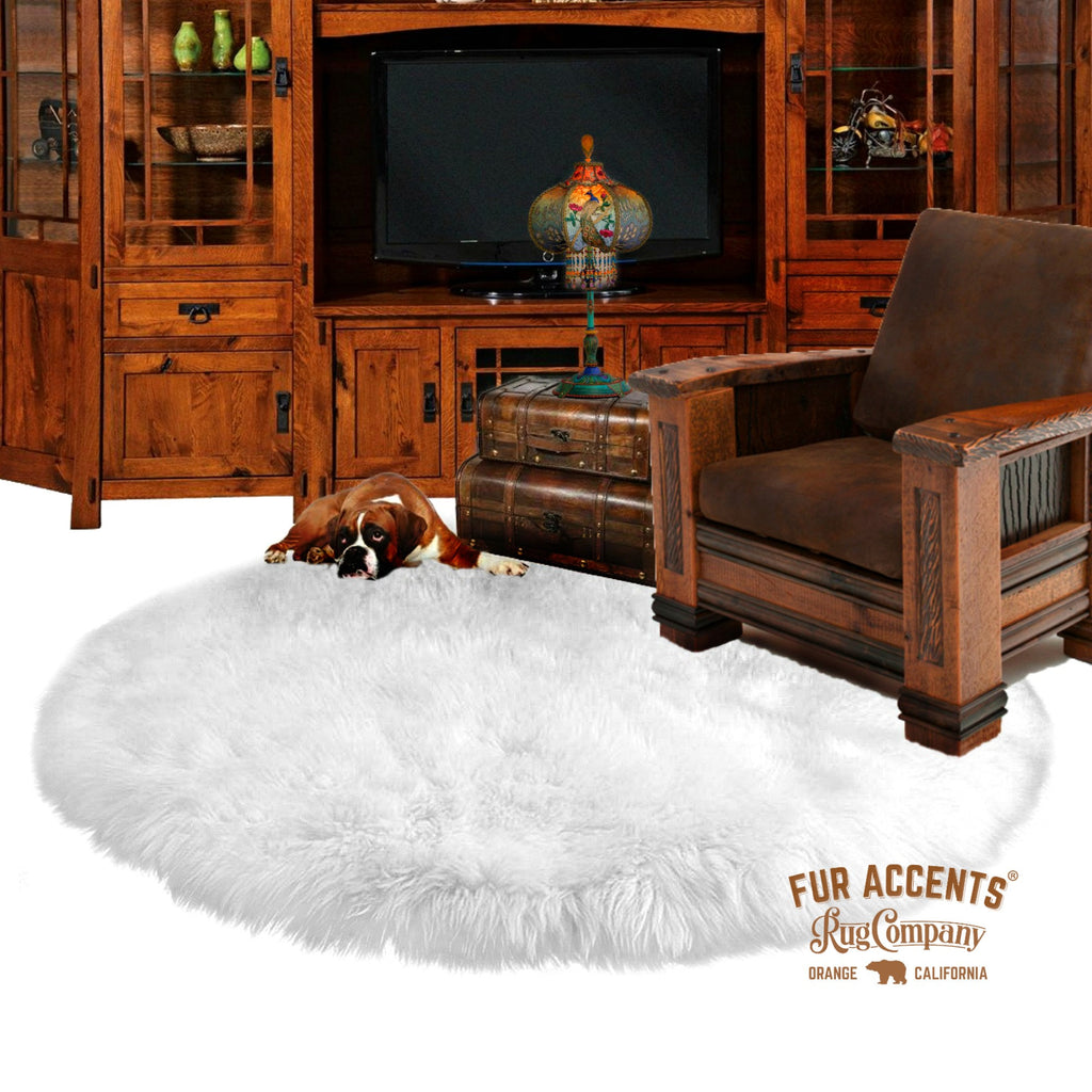 Plush Faux Fur Round Area Rug - White - Ivory White - Bonded Shag - Sheepskin - Designer Throw Rug - 100% Animal Friendly  Fur Accents - USA
