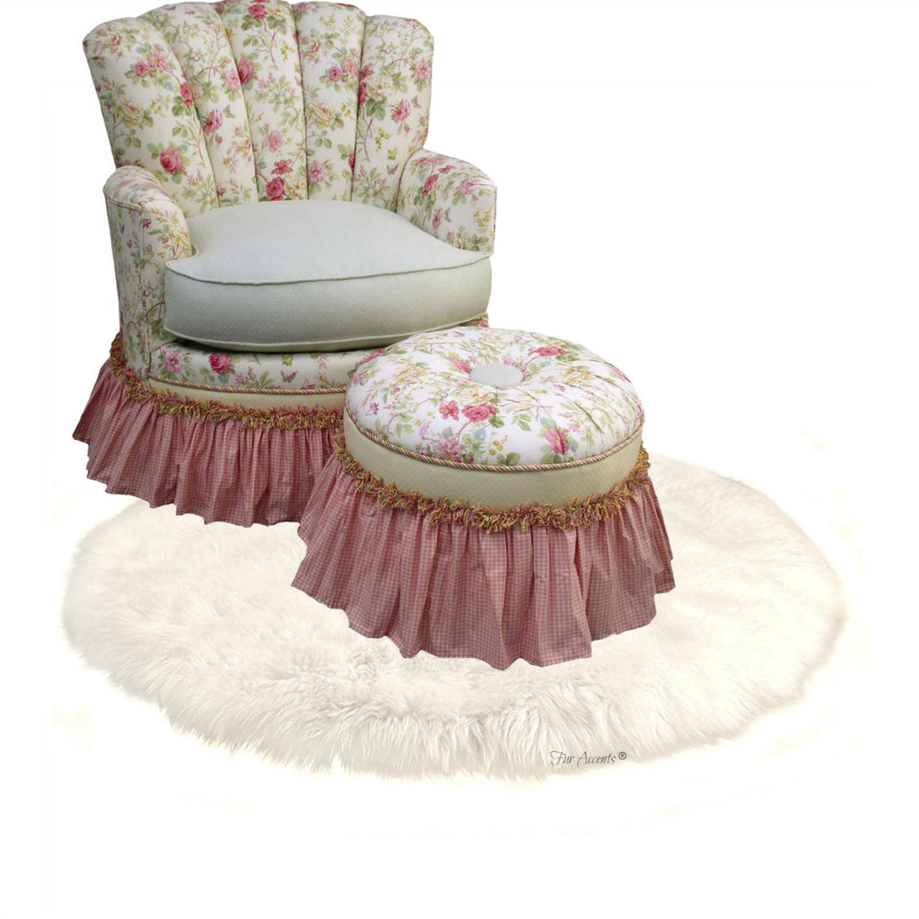 Plush Faux Fur Round Area Rug - White - Ivory White - Bonded Shag - Sheepskin - Designer Throw Rug - 100% Animal Friendly  Fur Accents - USA