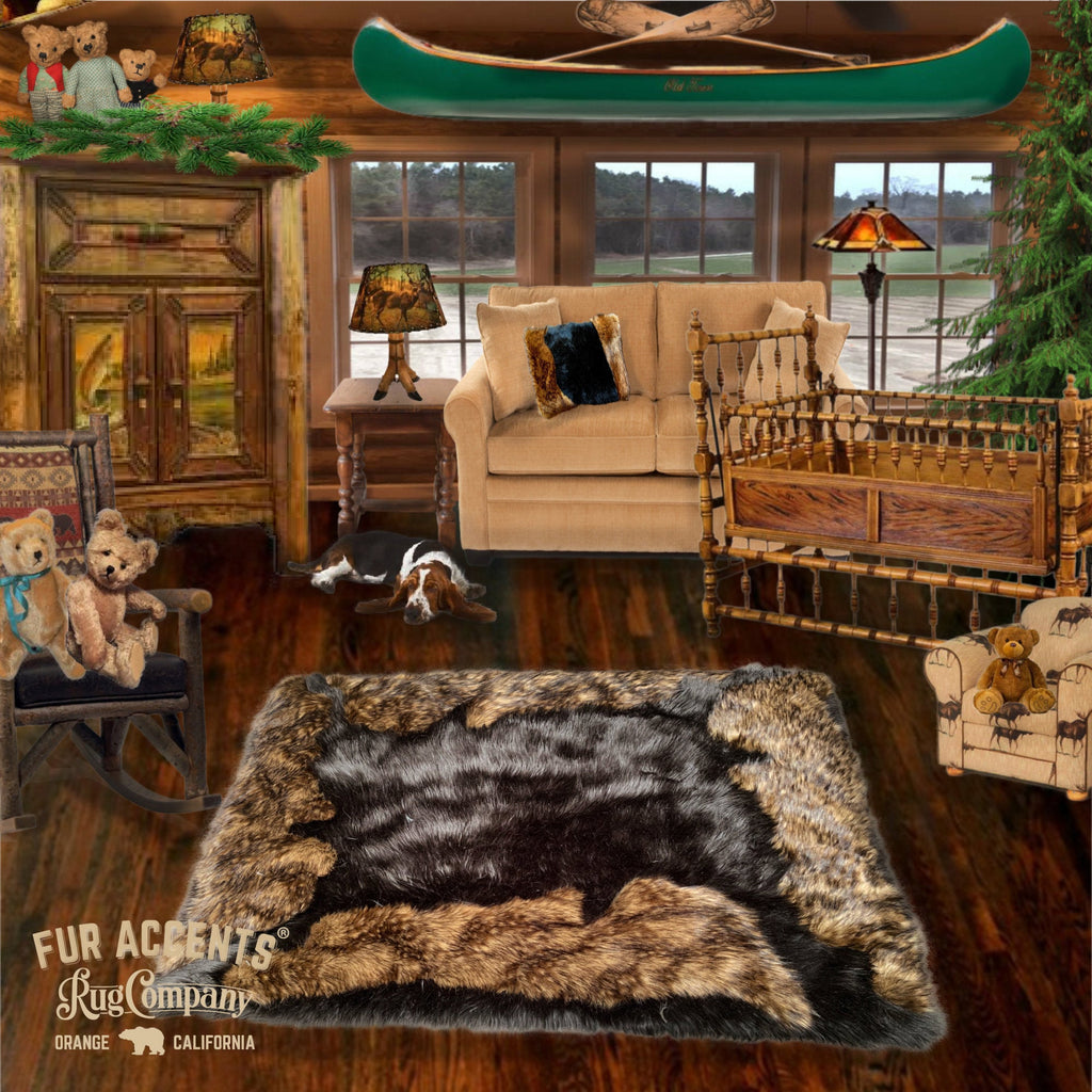 Plush Faux Fur Western Style Area Rug - Black or Brown Shag Bear Rug with Brown Wolf Trim - Rectangle Shape Framed with Our Best Animal Faux Fur - Hand Sewn in America - Micro Suede Lining - Fur Accents - USA