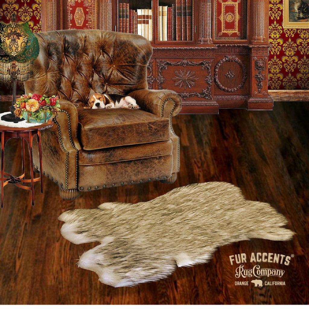 Extraordinary Plush Faux Fur Pelt Rug, Shaggy Black or Brown Tip Sheepskin, Rabbit Pelt Design, Designer Art Rug Handmade by Fur Accents USA