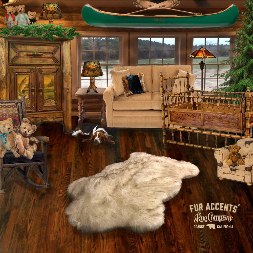 Charming Faux Fur Throw Rug - "Chubby" Bear Skin - White Background with Brown Tips or Black Tips - Hand Made Quality - Micro Suede Lining - Made in America by Fur Accents - USA