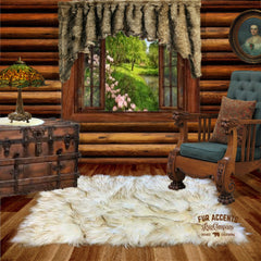 Plush Faux Fur Throw Area Rug - White Shag Sheepskin with Brown Tips - Arctic Wolf  - Ultra-Suede Lining - Fur Accents - USA