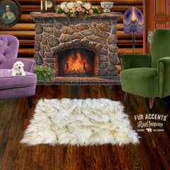 Plush Faux Fur Throw Area Rug - White Shag Sheepskin with Brown Tips - Arctic Wolf  - Ultra-Suede Lining - Fur Accents - USA