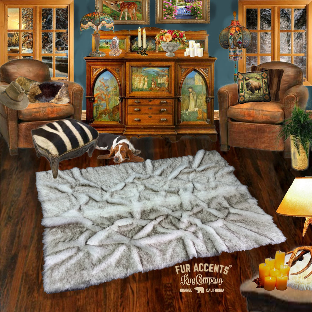 Hand Crafted Russian Wolf - Faux Fur Area Rug, The "Roots" Pelt Design - Rectangle Throw Carpet - Realistic Black Tipped Arctic Wolf, Pieced Fur - Hand Made Designer Art Rug by Fur Accents USA