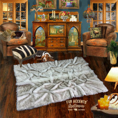 Hand Crafted Russian Wolf - Faux Fur Area Rug, The "Roots" Pelt Design - Rectangle Throw Carpet - Realistic Black Tipped Arctic Wolf, Pieced Fur - Hand Made Designer Art Rug by Fur Accents USA