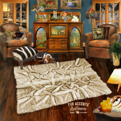 Hand Crafted Russian Wolf - Faux Fur Area Rug, The "Roots" Pelt Design - Rectangle Throw Carpet - Realistic Black Tipped Arctic Wolf, Pieced Fur - Hand Made Designer Art Rug by Fur Accents USA