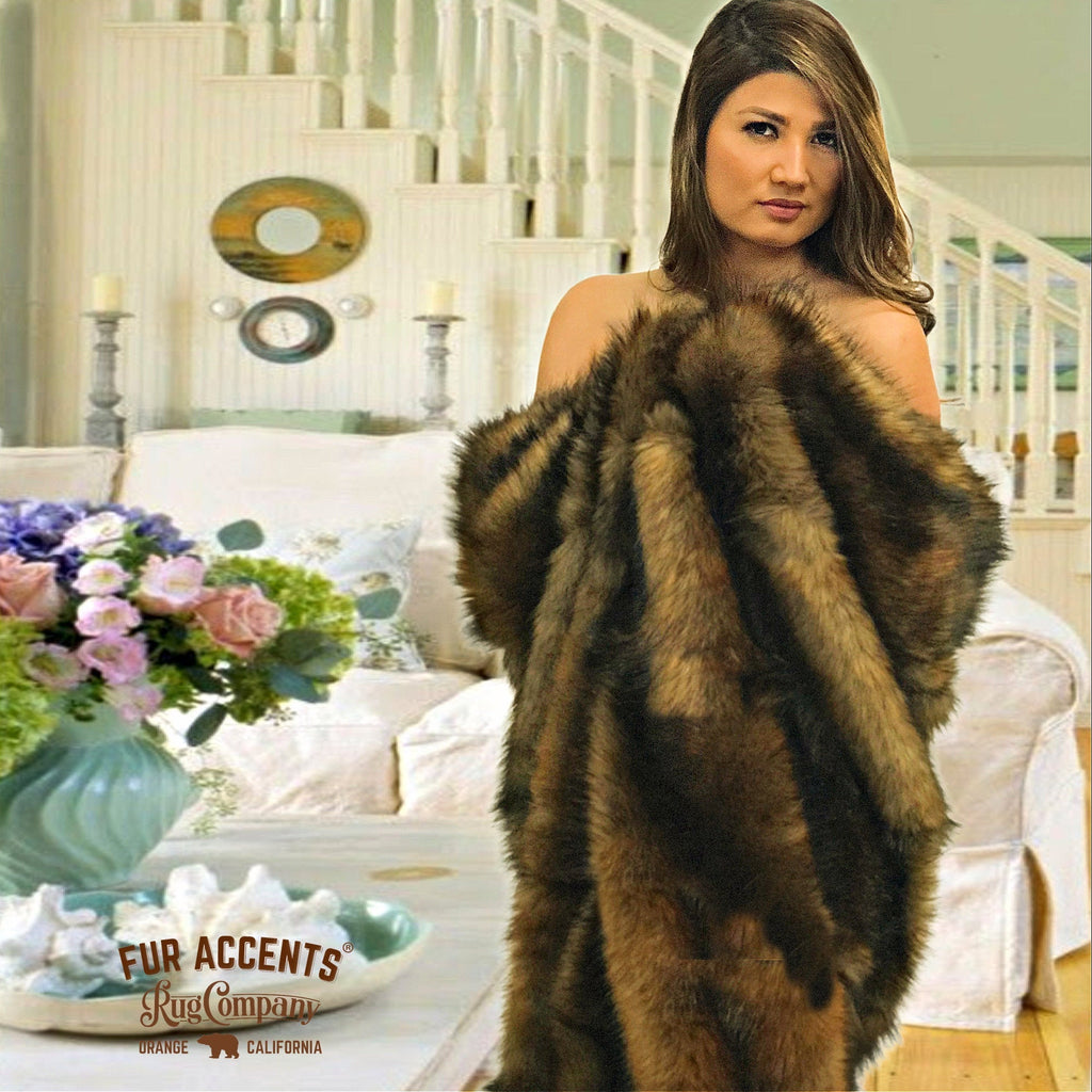 Plush Faux Fur Throw Blanket or Bedspread, Golden Brown Gray Wolf, Grizzly Bear, Minky Cuddle Fur Lining, Fur Accents USA
