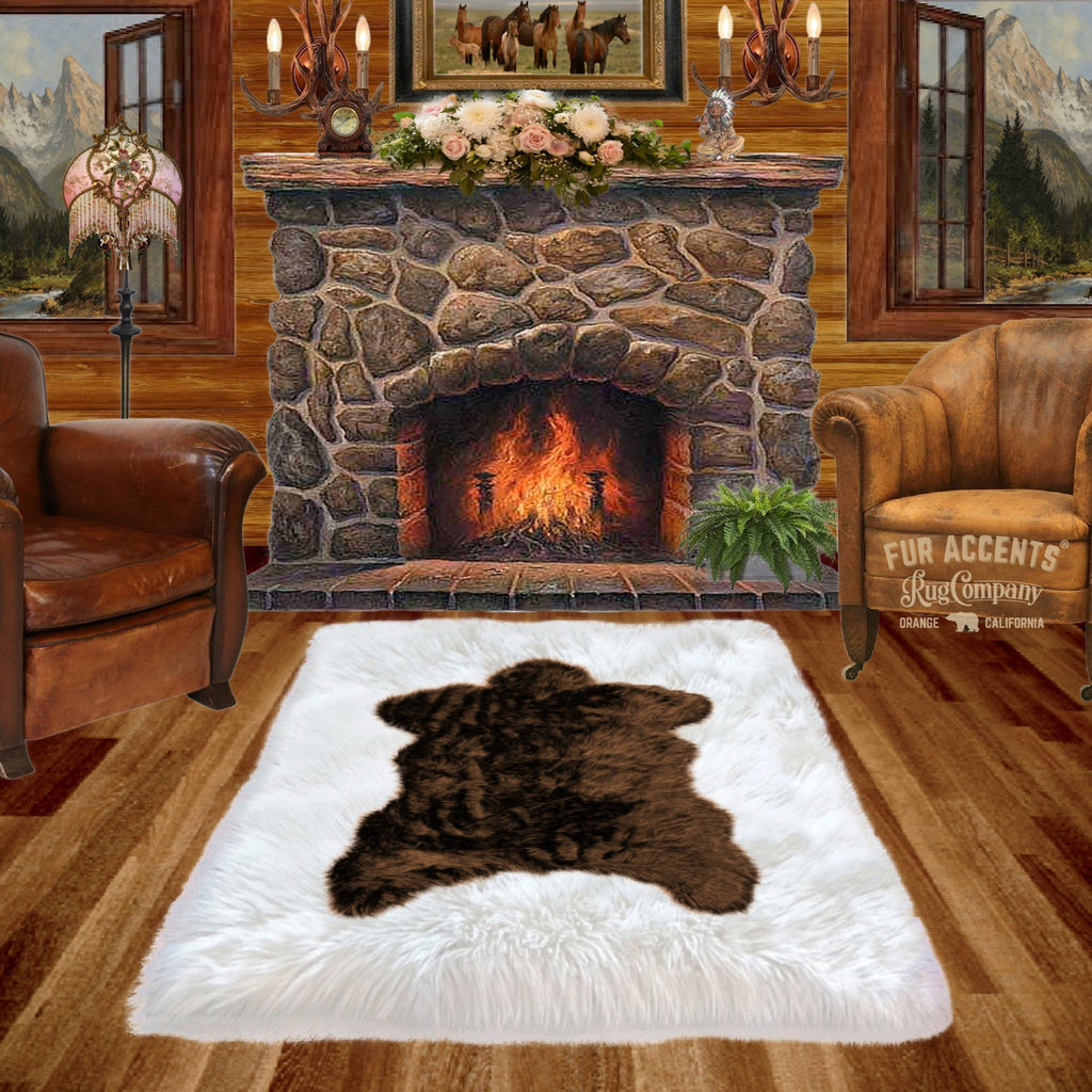 Plush Faux Fur Area Rug - Luxury Fur Brown Bear Skin - Faux Fur - Rectangle Pelt Shape Designer Throw Art Rug by- Fur Accents - USA