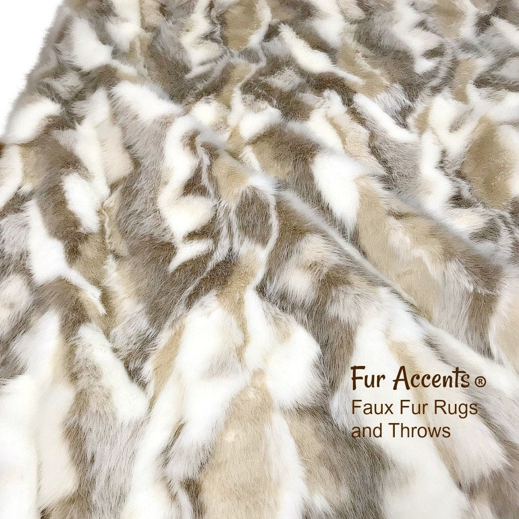 Plush  Faux Fur Throw Blanket, Soft Tan, Taupe Toned Tibetan Fox Bedspread - Luxury Fur - Minky Cuddle Fur Lining Fur Accents USA